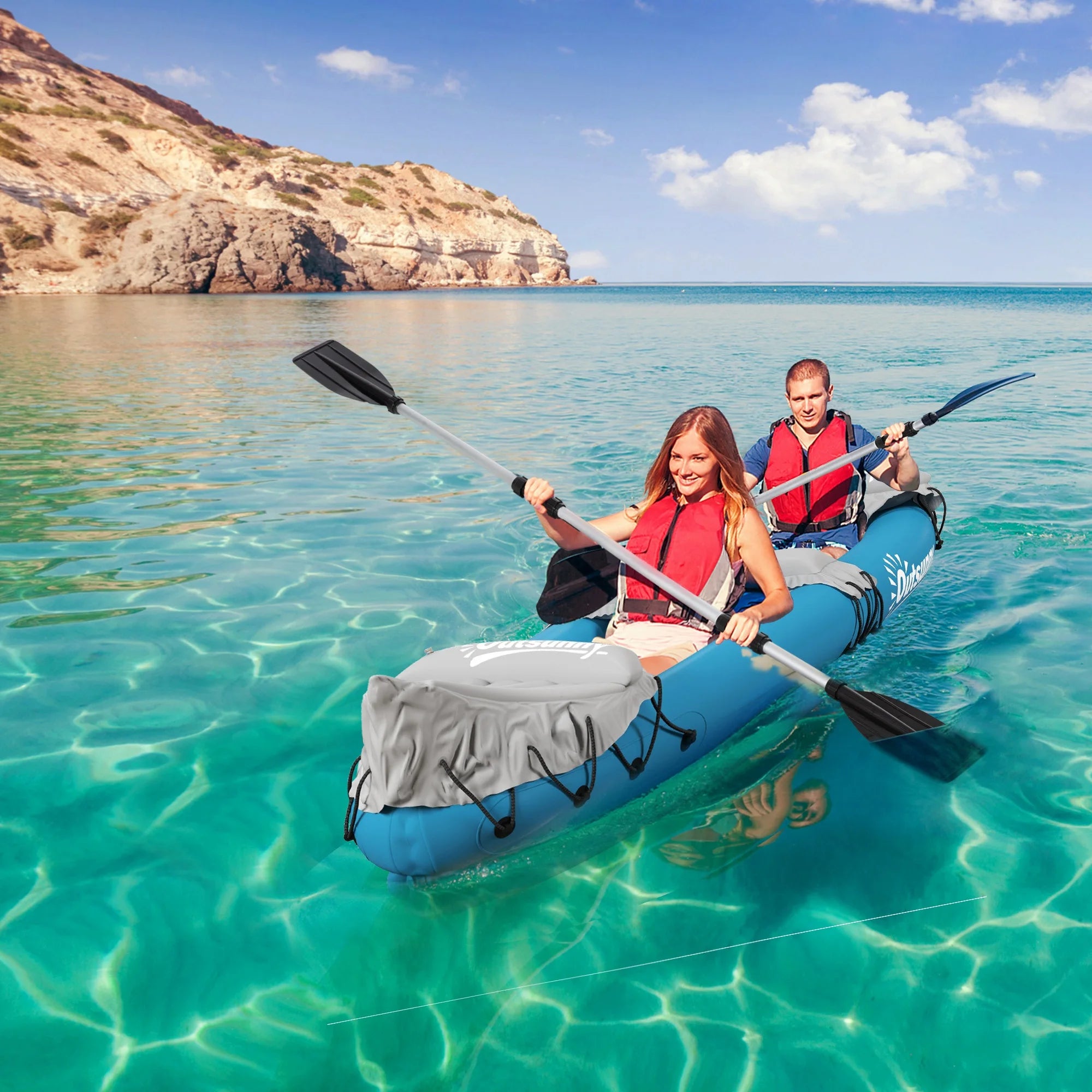 Outsunny Inflatable Kayak 2-Person Inflatable Canoe Boat Set with Air Pump, Aluminium Oars, Blue, 318 x 80 x 50 cm