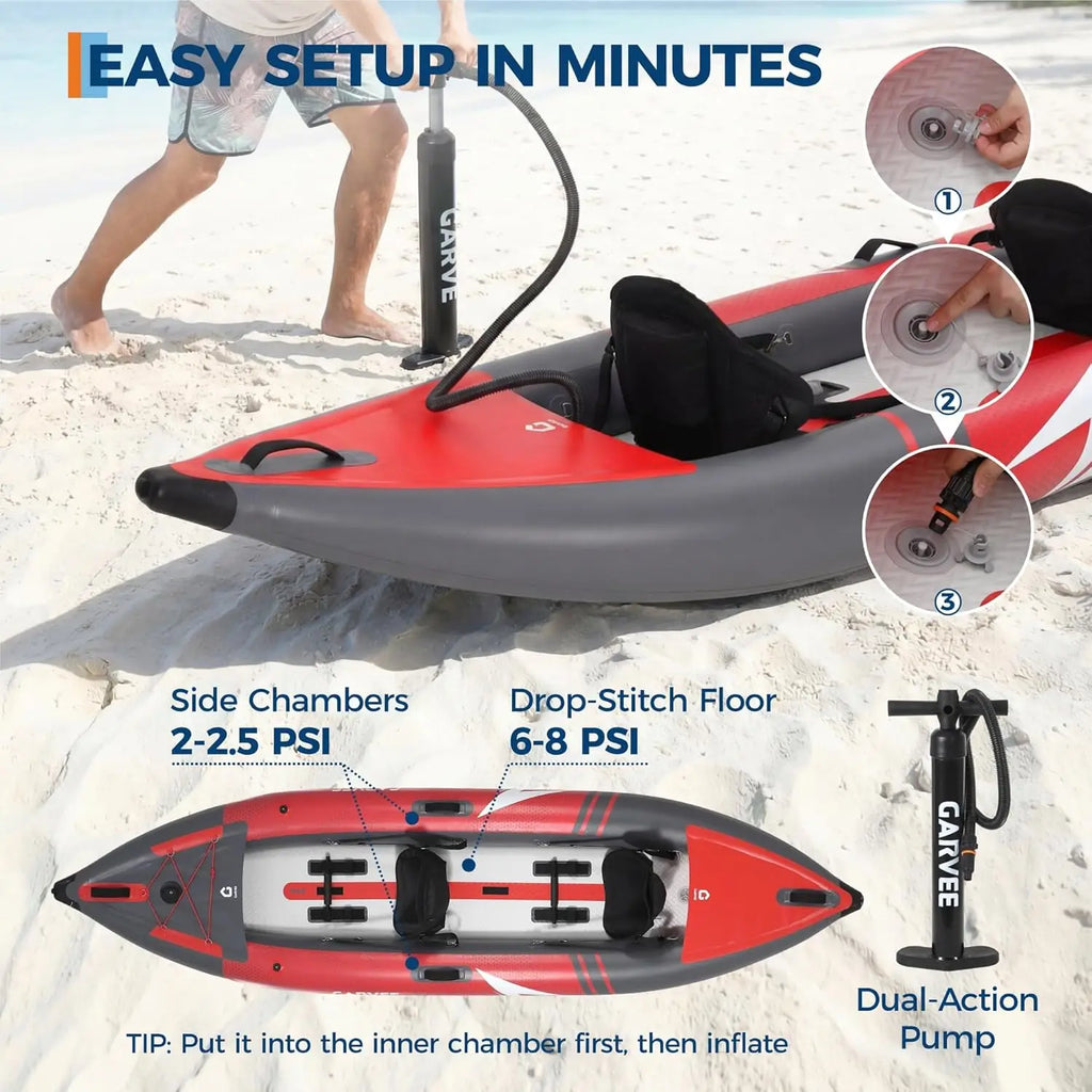 2 Person Inflatable Kayak Fishing & Touring Kayak for Adults with Padded Seats, Paddles, 3 Fins, Pump & Carry Bag 204kg Capacity
