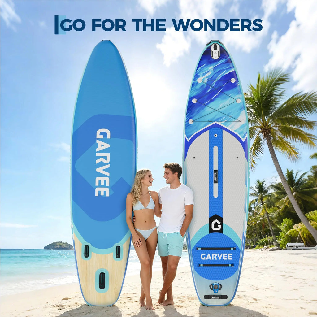 Stable Inflatable Rise Up Paddle Board Gradient Light Wood Grain Non Slip EVA Deck Tri Fin High Weight Capacity Complete Kit Pad