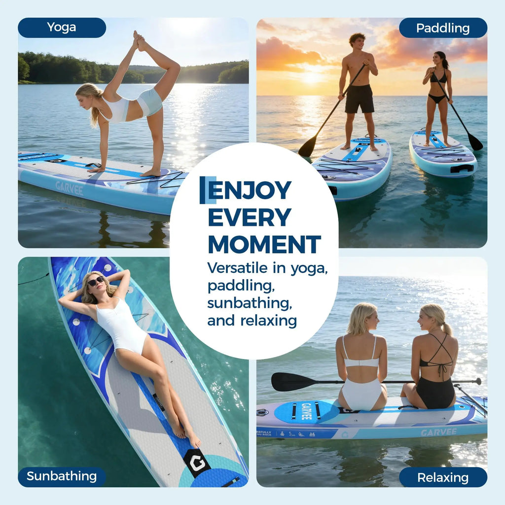 Stable Inflatable Rise Up Paddle Board Gradient Light Wood Grain Non Slip EVA Deck Tri Fin High Weight Capacity Complete Kit Pad