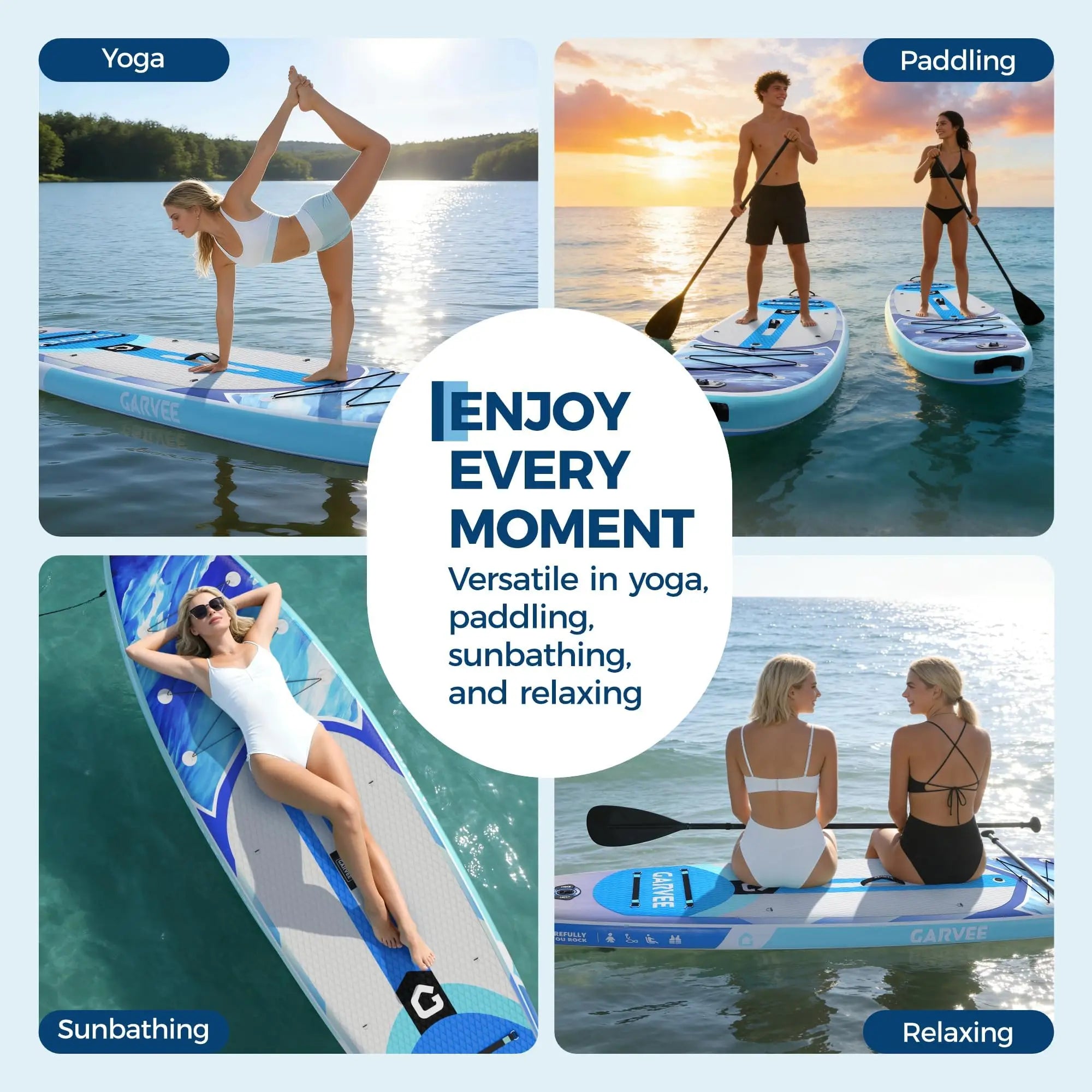 Stable Inflatable Rise Up Paddle Board Gradient Light Wood Grain Non Slip EVA Deck Tri Fin High Weight Capacity Complete Kit Pad