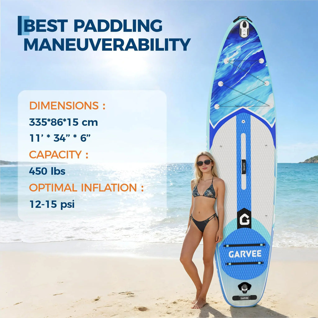 Stable Inflatable Rise Up Paddle Board Gradient Light Wood Grain Non Slip EVA Deck Tri Fin High Weight Capacity Complete Kit Pad