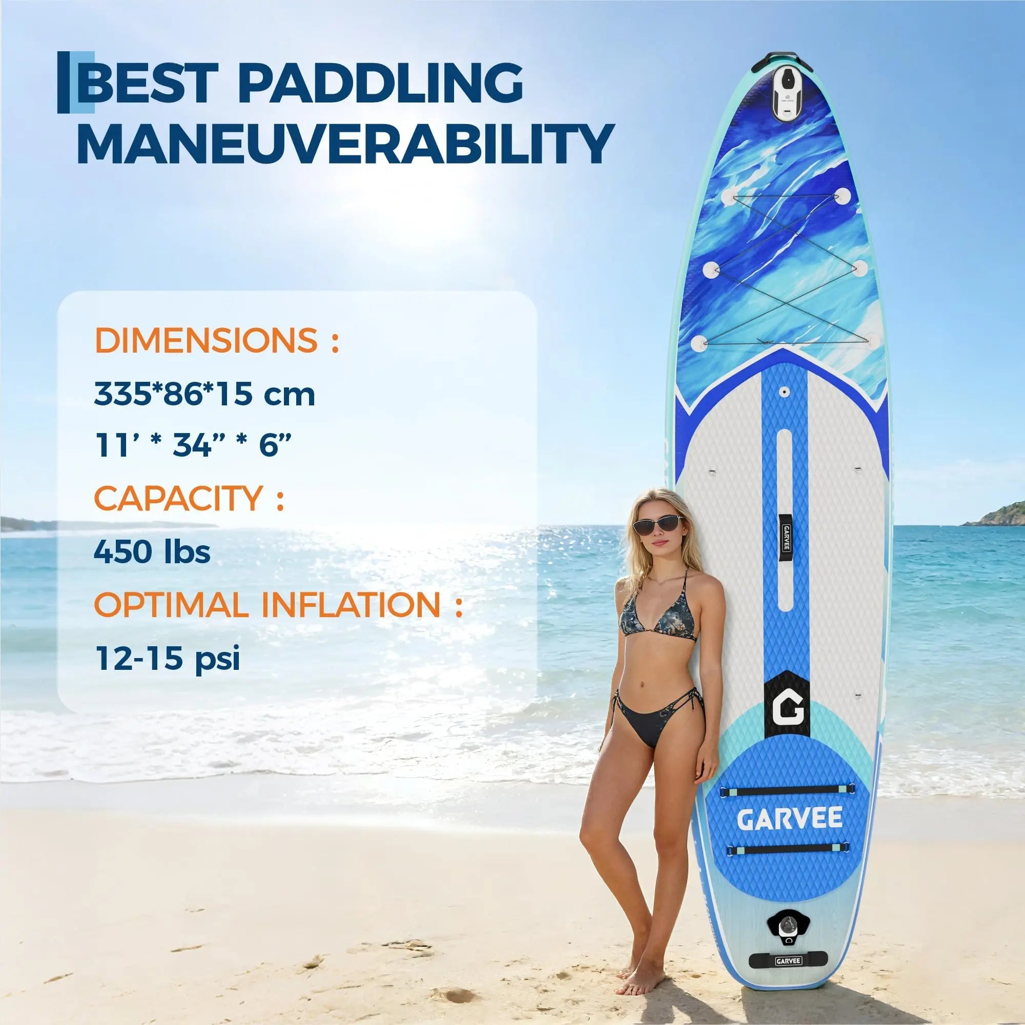 Stable Inflatable Rise Up Paddle Board Gradient Light Wood Grain Non Slip EVA Deck Tri Fin High Weight Capacity Complete Kit Pad