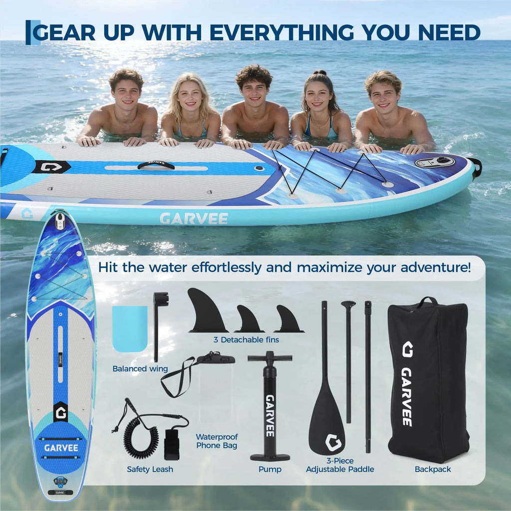 Stable Inflatable Rise Up Paddle Board Gradient Light Wood Grain Non Slip EVA Deck Tri Fin High Weight Capacity Complete Kit Pad