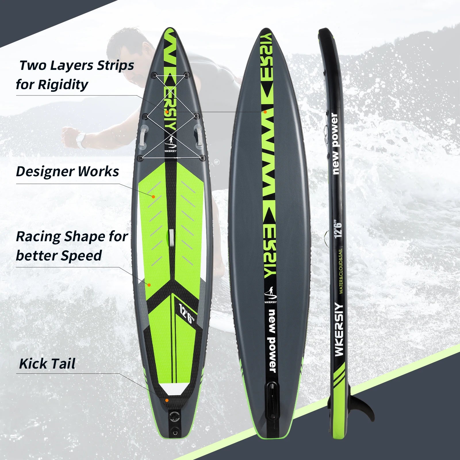 WKERSIY 12'6" Inflatable Paddle Board - Racing SUP with High-Speed Linear Design.
