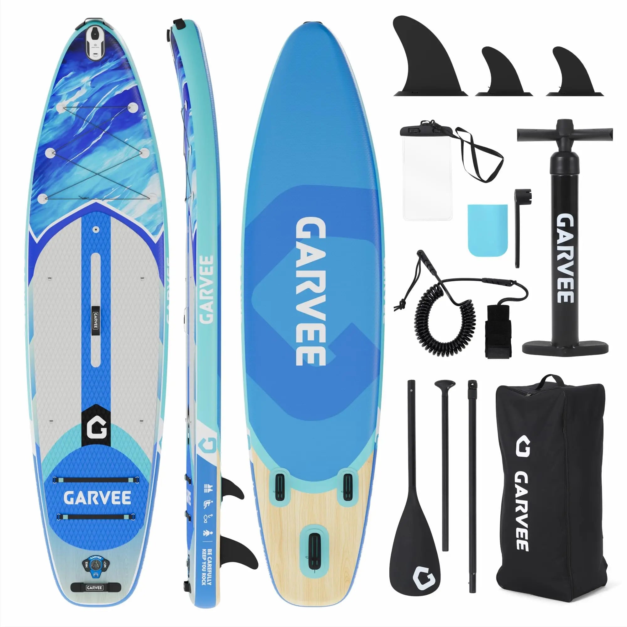 Stable Inflatable Rise Up Paddle Board Gradient Light Wood Grain Non Slip EVA Deck Tri Fin High Weight Capacity Complete Kit Pad